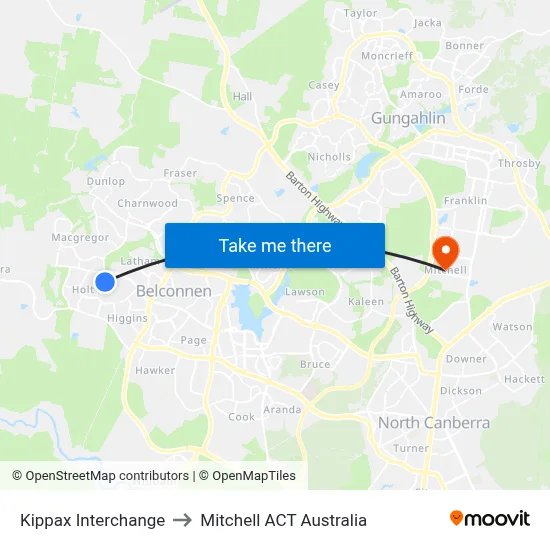 Kippax Interchange to Mitchell ACT Australia map
