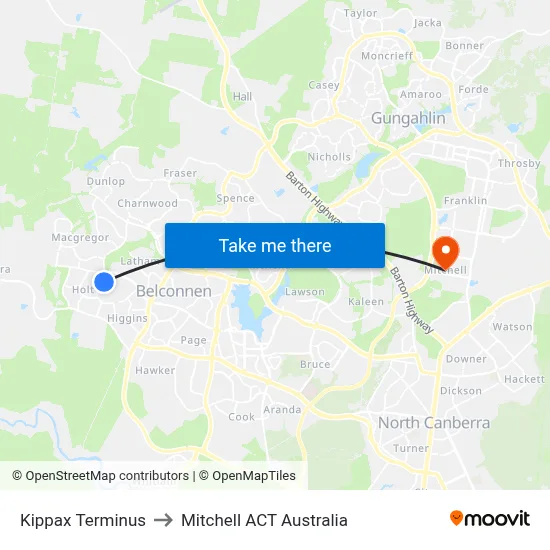 Kippax Terminus to Mitchell ACT Australia map