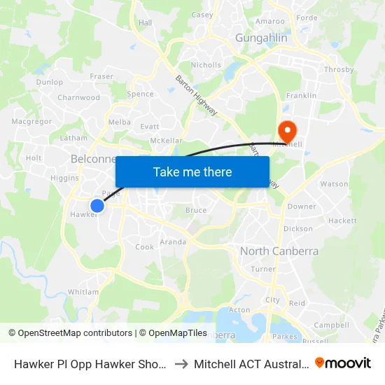 Hawker Pl Opp Hawker Shops to Mitchell ACT Australia map