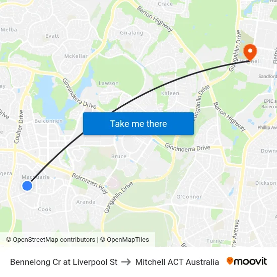 Bennelong Cr at Liverpool St to Mitchell ACT Australia map
