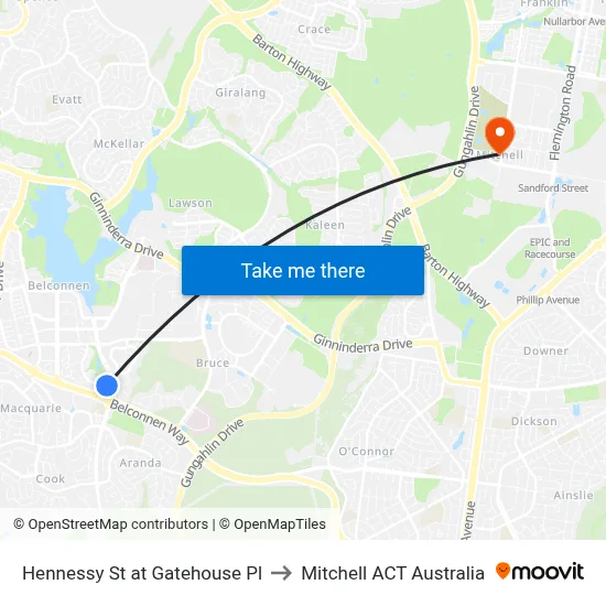 Hennessy St at Gatehouse Pl to Mitchell ACT Australia map