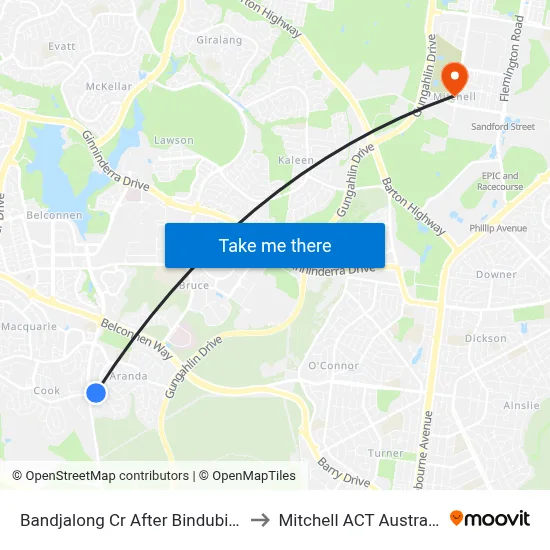Bandjalong Cr After Bindubi St to Mitchell ACT Australia map