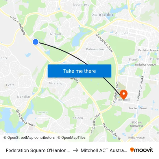 Federation Square O'Hanlon Pl to Mitchell ACT Australia map