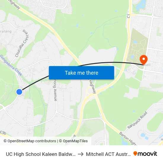 UC High School Kaleen Baldwin Dr to Mitchell ACT Australia map