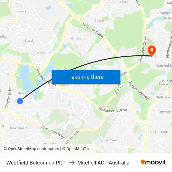 Westfield Belconnen Plt 1 to Mitchell ACT Australia map