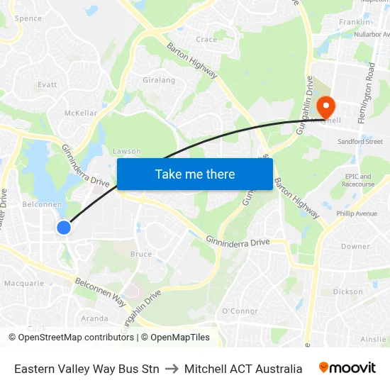 Eastern Valley Way Bus Stn to Mitchell ACT Australia map
