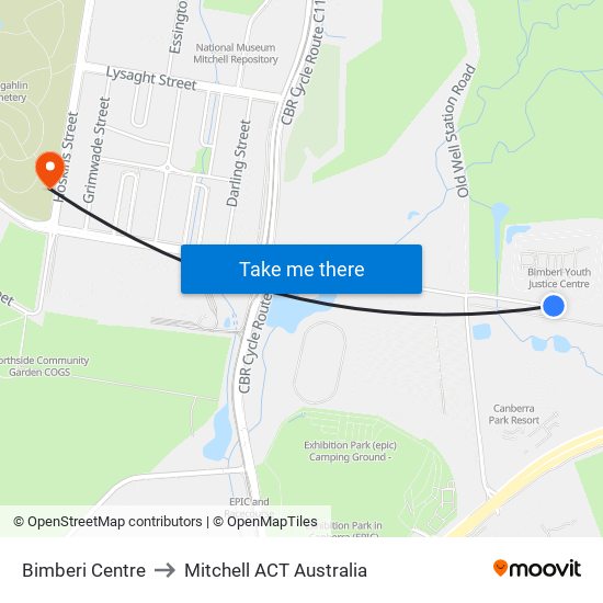 Bimberi Centre to Mitchell ACT Australia map