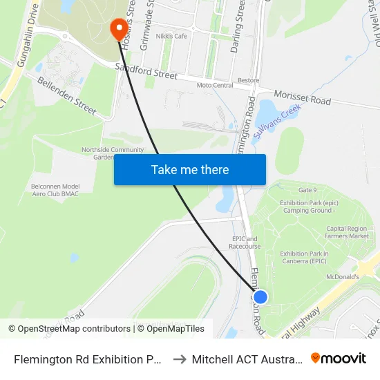 Flemington Rd Exhibition Park to Mitchell ACT Australia map