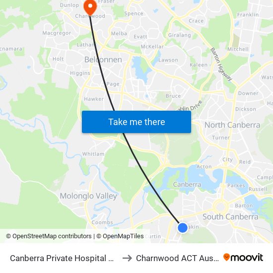 Canberra Private Hospital Kent St to Charnwood ACT Australia map