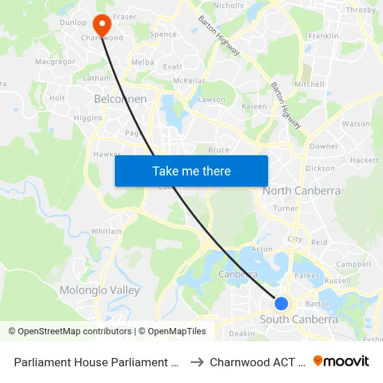 Parliament House Parliament Dr Southbound to Charnwood ACT Australia map