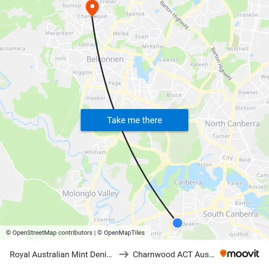 Royal Australian Mint Denison St to Charnwood ACT Australia map