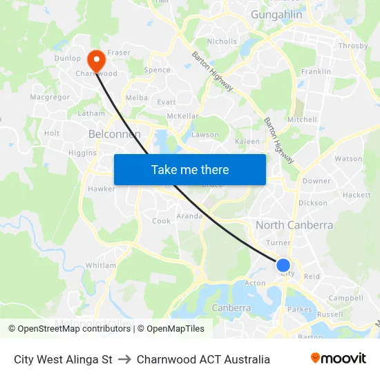 City West Alinga St to Charnwood ACT Australia map