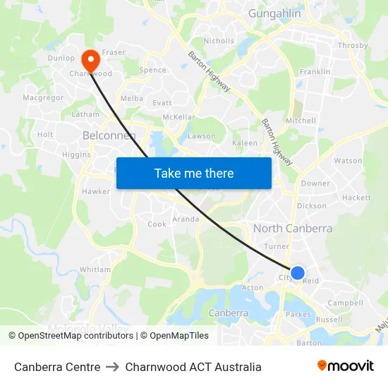 Canberra Centre to Charnwood ACT Australia map