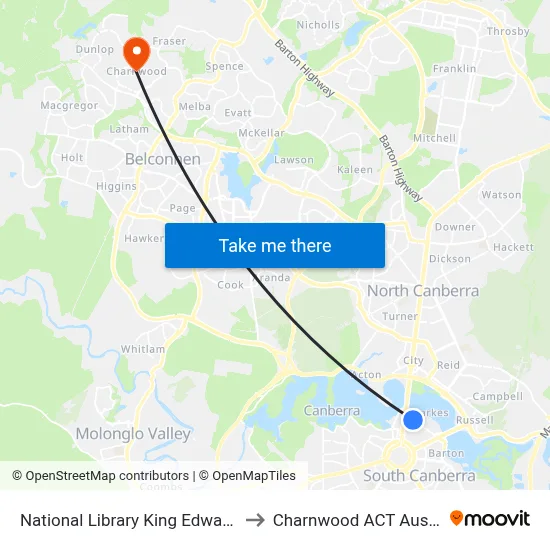 National Library King Edward Tce to Charnwood ACT Australia map