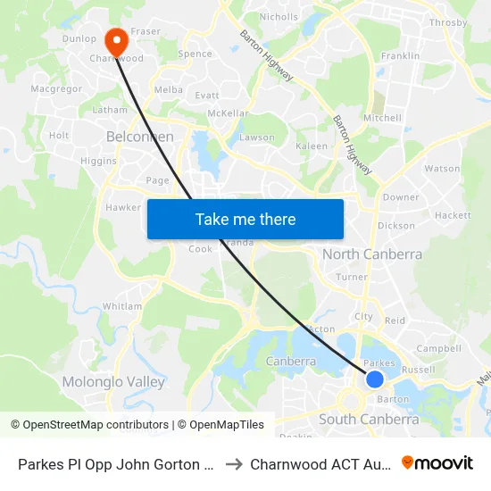 Parkes Pl Opp John Gorton Building to Charnwood ACT Australia map