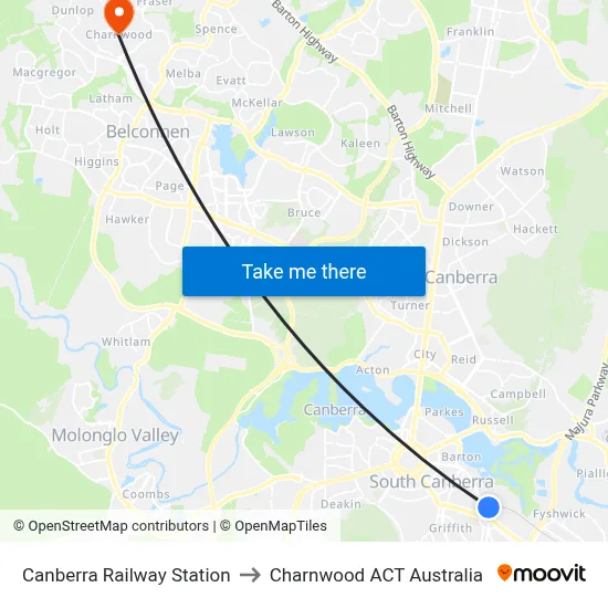 Canberra Railway Station to Charnwood ACT Australia map