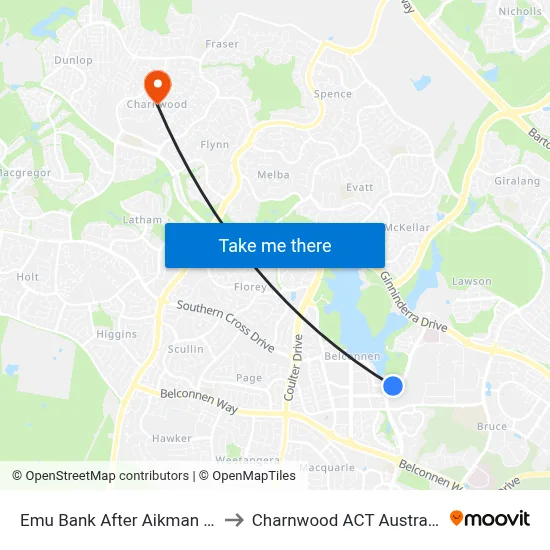 Emu Bank After Aikman Dr to Charnwood ACT Australia map