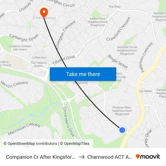 Companion Cr After Kingsford Smith Dr to Charnwood ACT Australia map