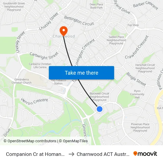 Companion Cr at Homann Pl to Charnwood ACT Australia map