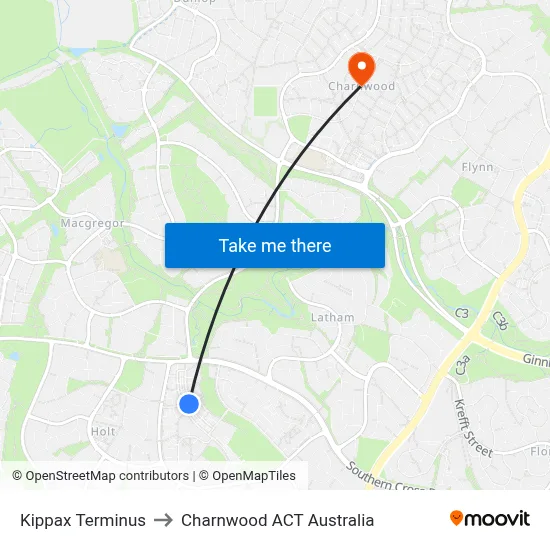Kippax Terminus to Charnwood ACT Australia map