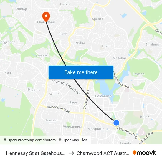 Hennessy St at Gatehouse Pl to Charnwood ACT Australia map
