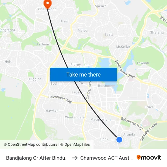 Bandjalong Cr After Bindubi St to Charnwood ACT Australia map