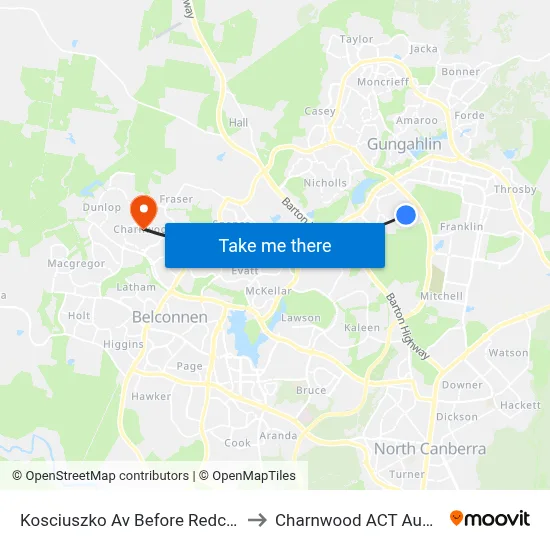 Kosciuszko Av Before Redcliffe St to Charnwood ACT Australia map