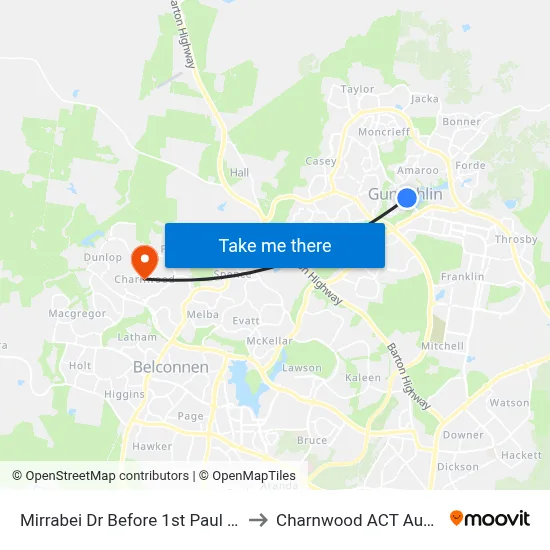 Mirrabei Dr Before 1st Paul Coe Cr to Charnwood ACT Australia map