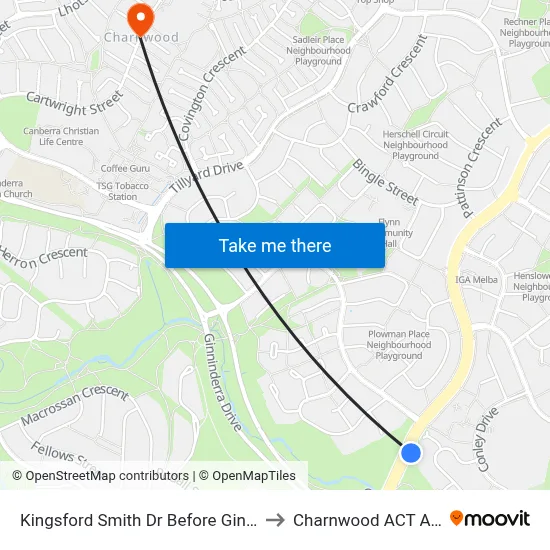 Kingsford Smith Dr Before Ginninderra Dr to Charnwood ACT Australia map