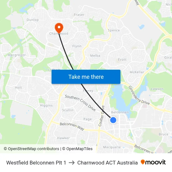 Westfield Belconnen Plt 1 to Charnwood ACT Australia map