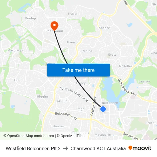 Westfield Belconnen Plt 2 to Charnwood ACT Australia map