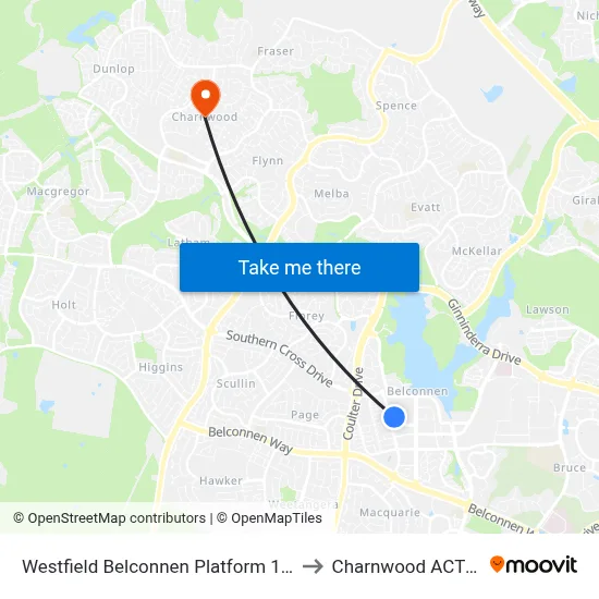 Westfield Belconnen Platform 1 Set Down Only to Charnwood ACT Australia map
