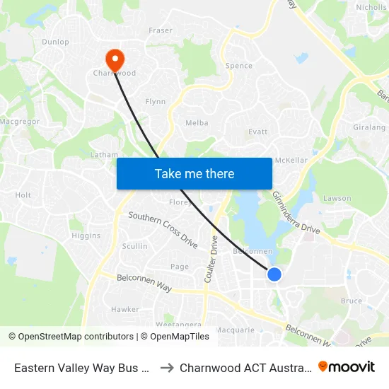 Eastern Valley Way Bus Stn to Charnwood ACT Australia map