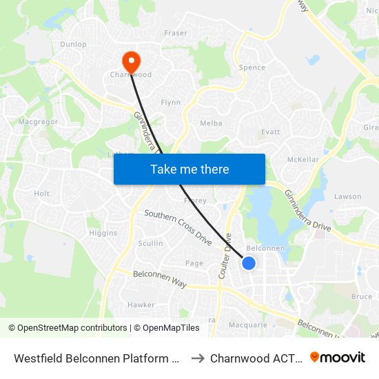 Westfield Belconnen Platform 2 Set Down Only to Charnwood ACT Australia map