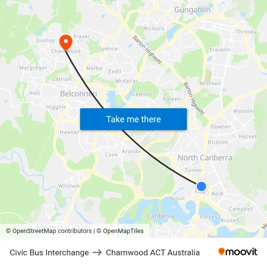 Civic Bus Interchange to Charnwood ACT Australia map