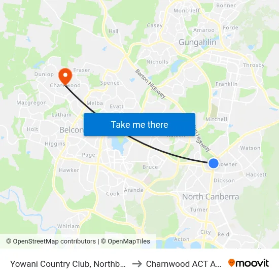 Yowani Country Club, Northbourne Ave to Charnwood ACT Australia map