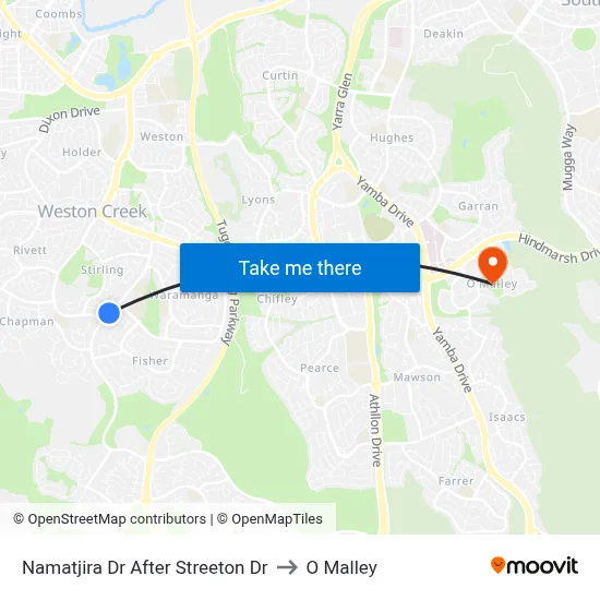 Namatjira Dr After Streeton Dr to O Malley map