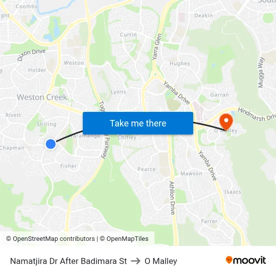 Namatjira Dr After Badimara St to O Malley map