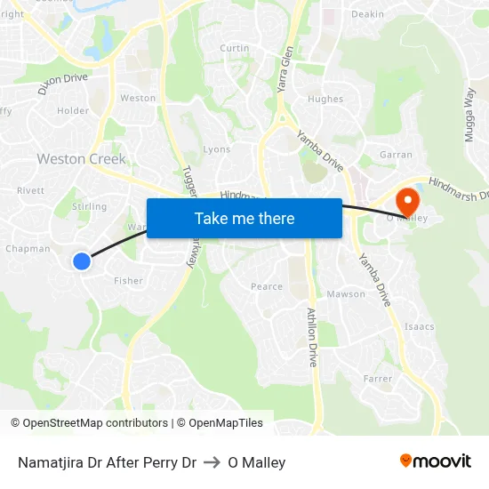 Namatjira Dr After Perry Dr to O Malley map