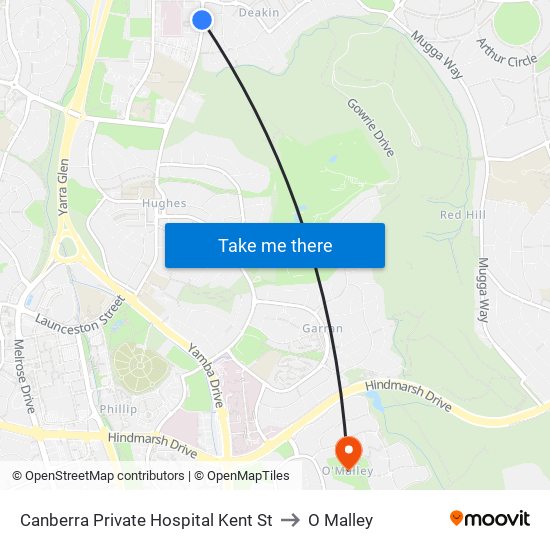 Canberra Private Hospital Kent St to O Malley map