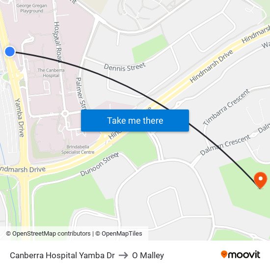 Canberra Hospital Yamba Dr to O Malley map