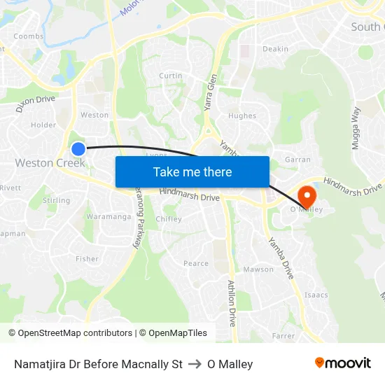 Namatjira Dr Before Macnally St to O Malley map