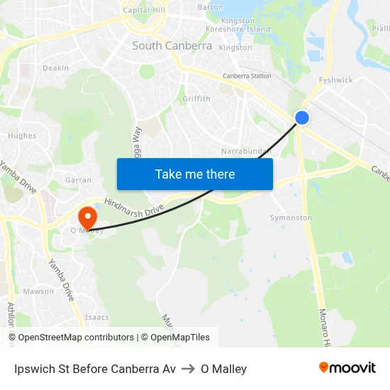 Ipswich St Before Canberra Av to O Malley map