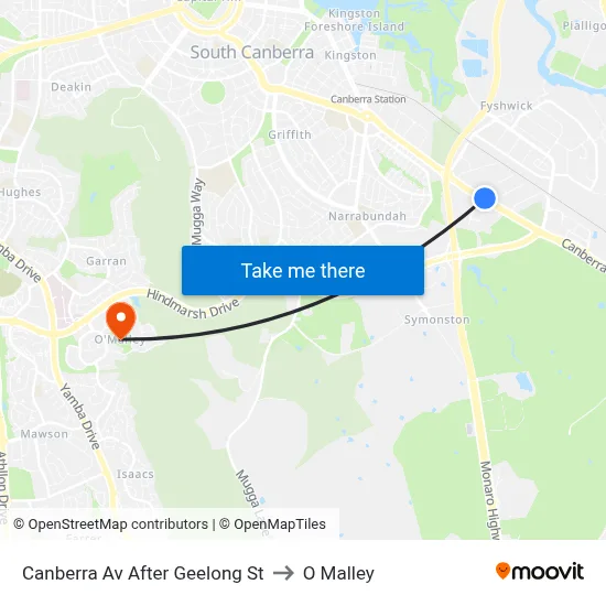 Canberra Av After Geelong St to O Malley map