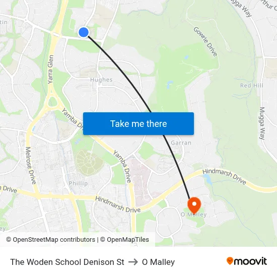 The Woden School Denison St to O Malley map