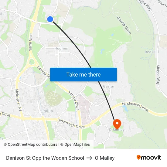 Denison St Opp the Woden School to O Malley map