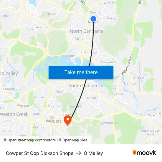 Cowper St Opp Dickson Shops to O Malley map