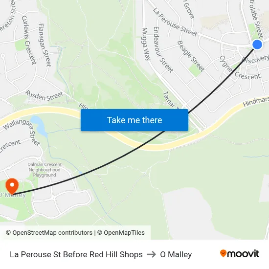 La Perouse St Before Red Hill Shops to O Malley map