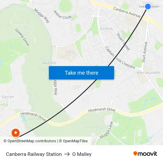 Canberra Railway Station to O Malley map