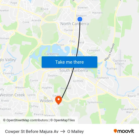 Cowper St Before Majura Av to O Malley map